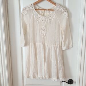 Free People Gauzy Cotton Crochet lace Babydoll Dress Ivory Beachy Size S